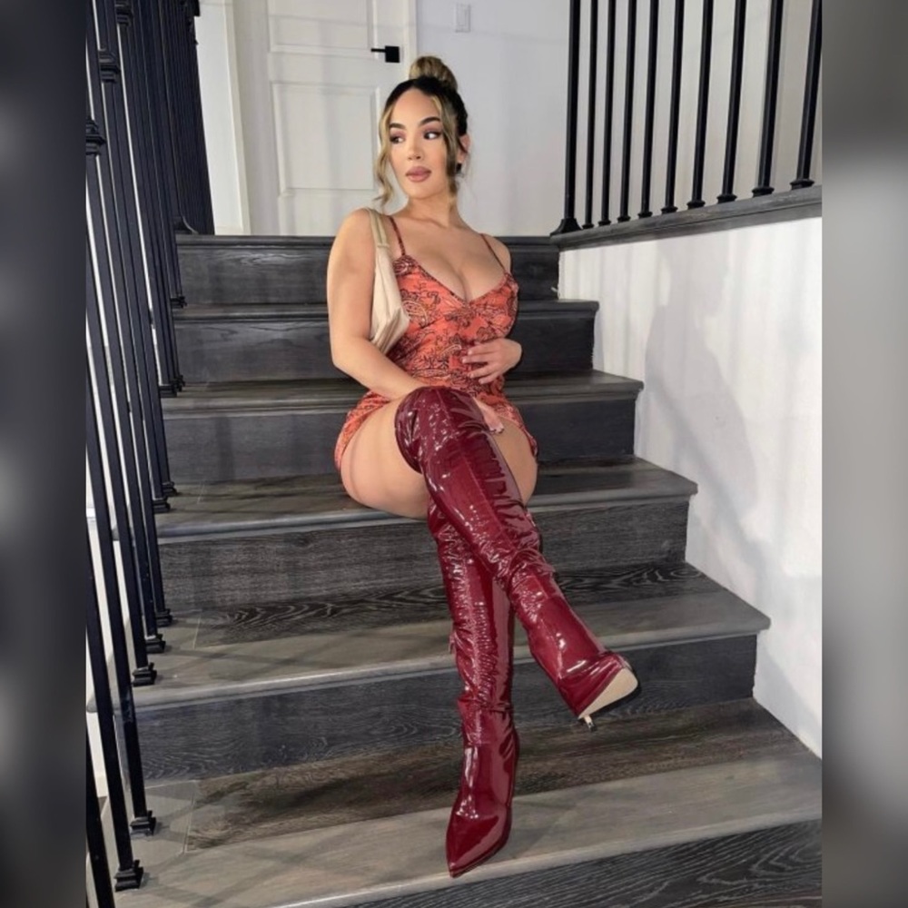 Cranberry Patent Thigh High Boots (Wide Calf) - Picture 4 of 4